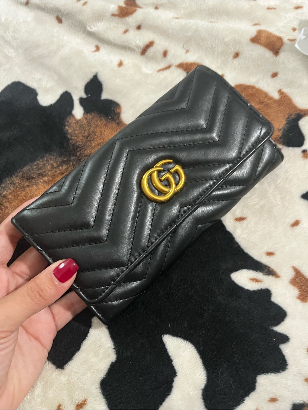 Black Quilted Leather Wallet with Gold Double G